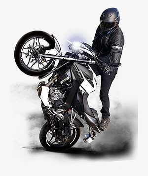 Bajaj Pulsar NS200 Motorcycle Wheelie Action Shot with Rider in Full Gear HD phone wallpaper