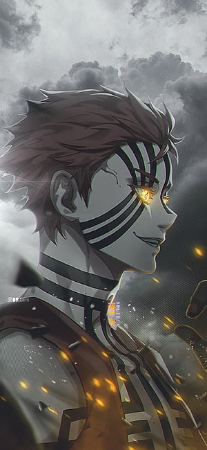 Akaza from Demon Slayer in dramatic profile with glowing eyes and dark stormy clouds HD phone wallpaper