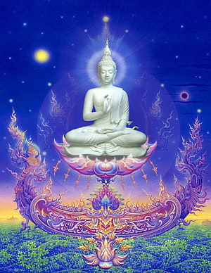 Gautam Buddha Meditating on Lotus Throne with Celestial Halo and Thai Ornamentation HD phone wallpaper
