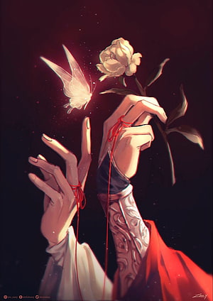 Ethereal Fantasy Illustration of Hands Holding a Glowing Butterfly and White Rose HD phone wallpaper