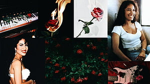 Selena Quintanilla Vintage Aesthetic Collage with Red Roses and Electric Guitar HD wallpaper