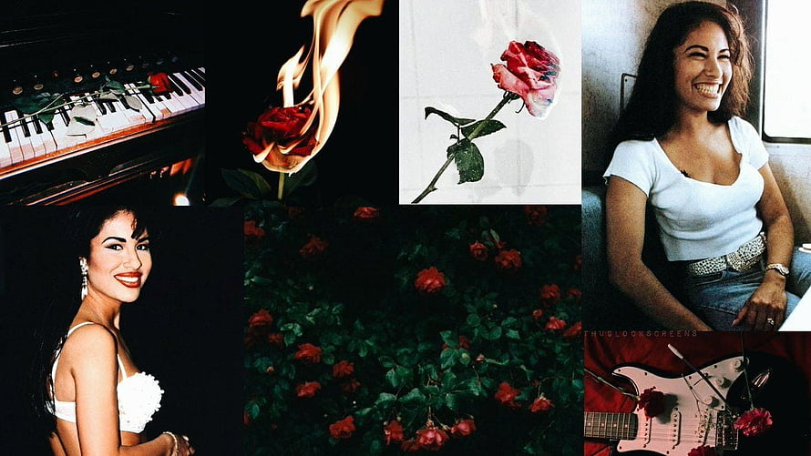Selena Quintanilla Vintage Aesthetic Collage with Red Roses and Electric Guitar HD wallpaper