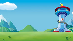 Paw Patrol Lookout Tower in a Bright Green Meadow with Distant Mountains HD wallpaper