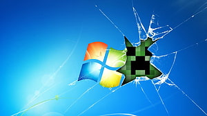 Minecraft Creeper Shattering Windows 7 Logo on Blue Background HD wallpaper
