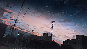 Melancholic Japanese Street Scene at Dusk with Power Lines and Soft Clouds HD wallpaper