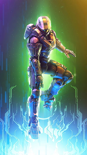 Master Chief in Halo Armor Floating Above Glowing Circuit Board with Neon Green and Blue Lighting HD phone wallpaper