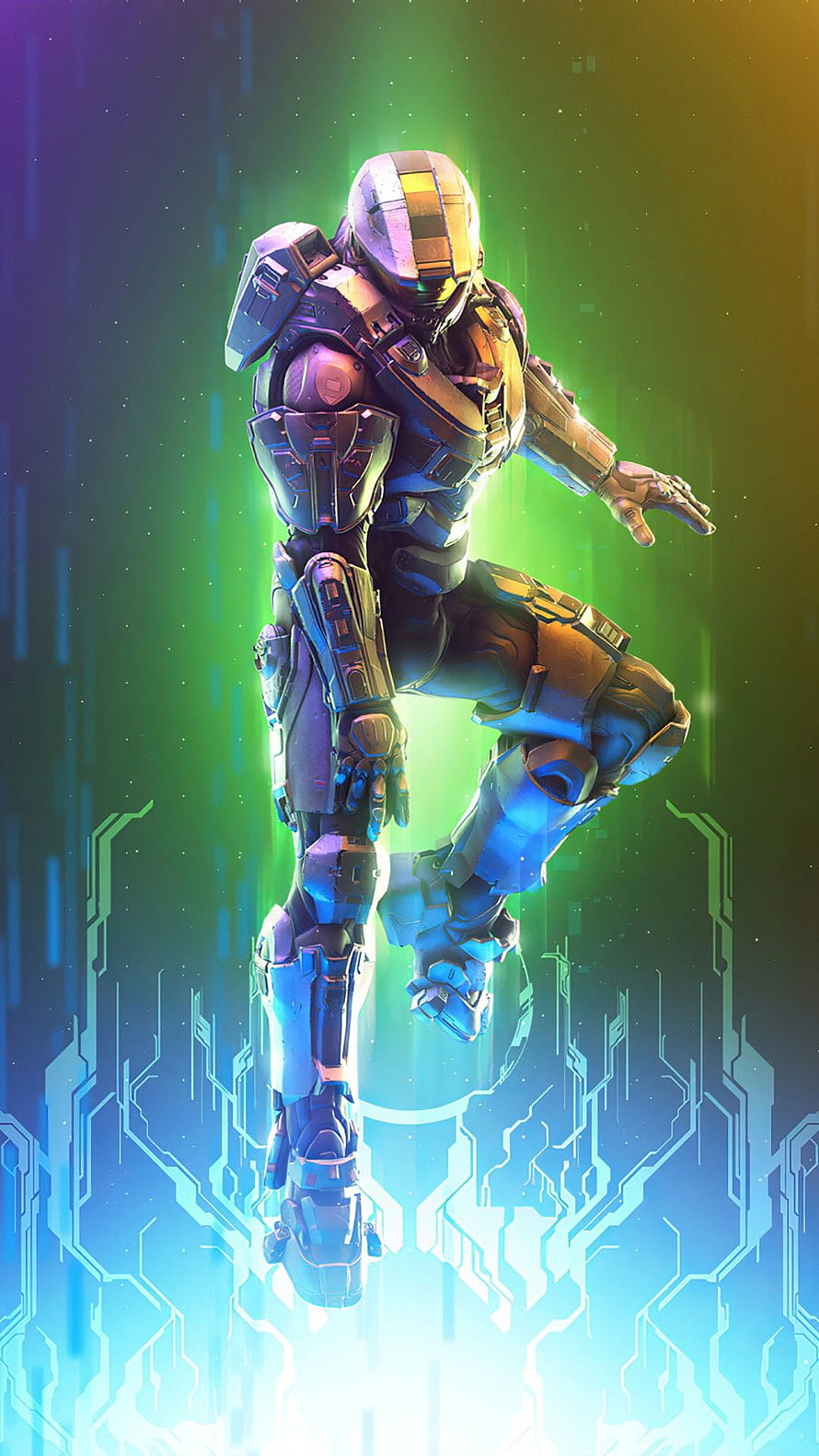 Master Chief in Halo Armor Floating Above Glowing Circuit Board with Neon Green and Blue Lighting HD phone wallpaper