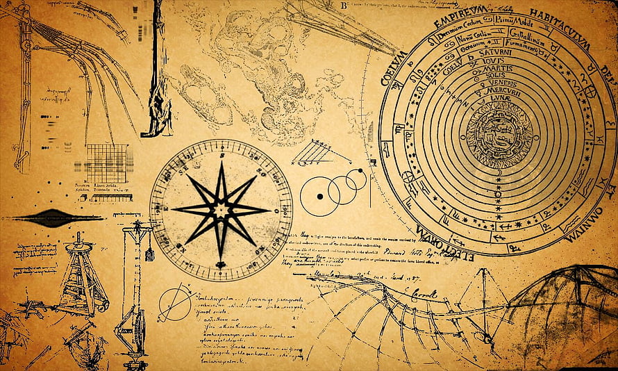 Leonardo Da Vinci Vintage Blueprint Sketches with Compass and Celestial Diagrams HD wallpaper
