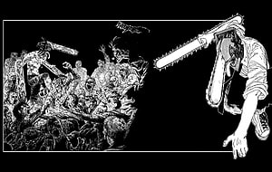 Chainsaw Man manga panel showing Denji wielding a chainsaw against a horde of devils in black and white ink HD wallpaper