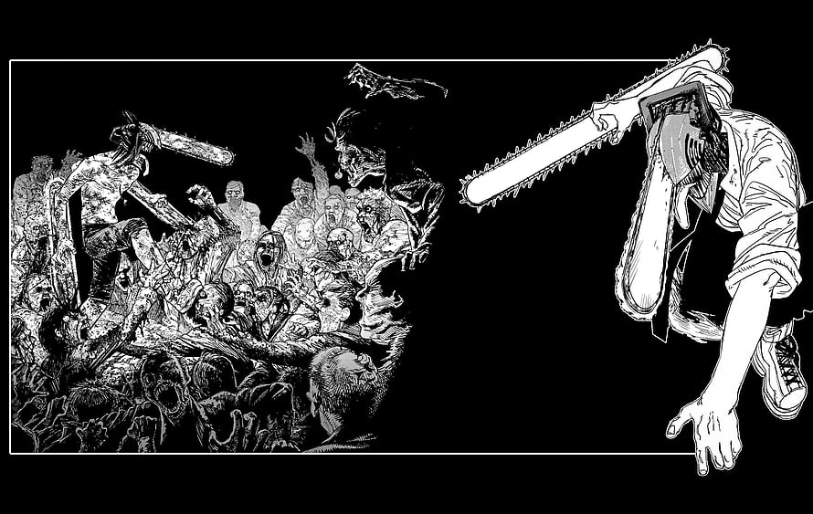 Chainsaw Man manga panel showing Denji wielding a chainsaw against a horde of devils in black and white ink HD wallpaper