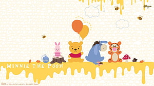 Winnie the Pooh, Piglet, Eeyore, and Tigger Sitting on a Honey Drip with Balloons and Bees HD wallpaper