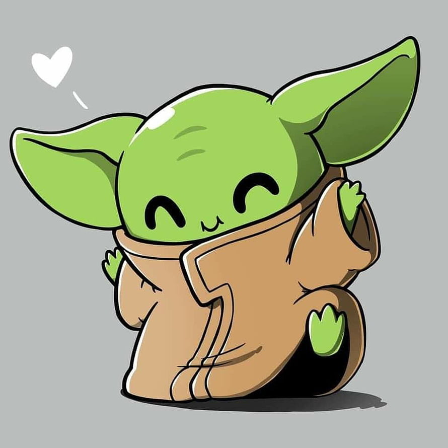 Cute Chibi Baby Yoda Cartoon Illustration in Brown Robe with Heart HD phone wallpaper