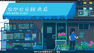 Pixel Art Fish Shop Scene with Character and Aquariums on Desktop HD wallpaper