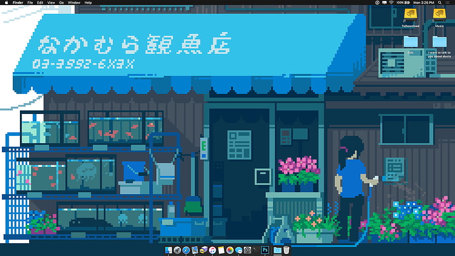 Pixel Art Fish Shop Scene with Character and Aquariums on Desktop HD wallpaper