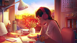 Girl Studying at Desk with Headphones in Warm Sunset Light Lofi Illustration HD wallpaper