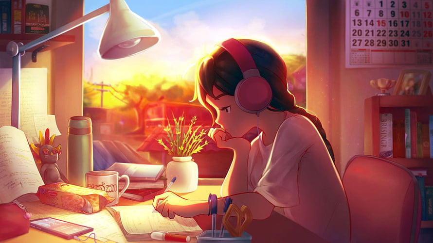 Girl Studying at Desk with Headphones in Warm Sunset Light Lofi Illustration HD wallpaper