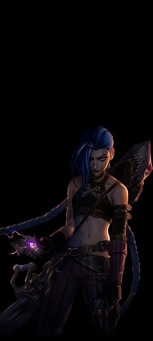 Jinx from Arcane in Dark Fantasy Armor with Glowing Purple Eyes and Mechanical Weapons HD phone wallpaper