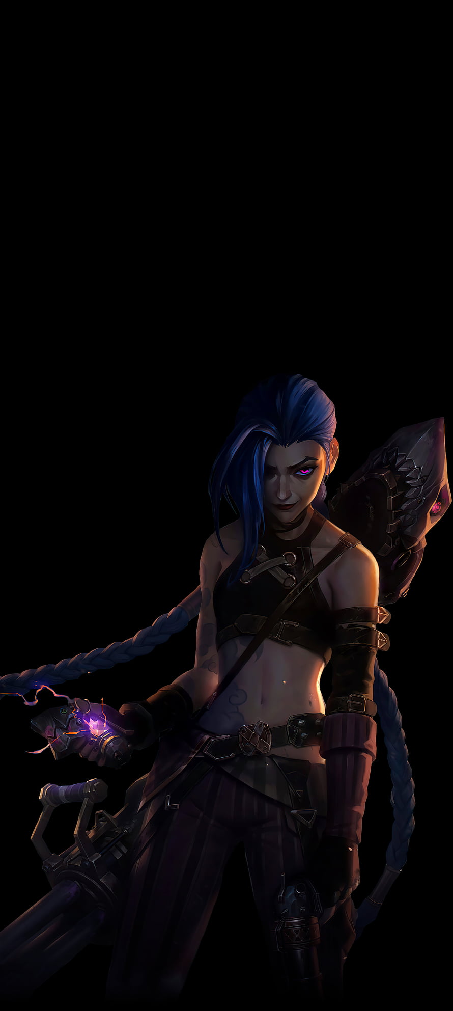 Jinx from Arcane in Dark Fantasy Armor with Glowing Purple Eyes and Mechanical Weapons HD phone wallpaper