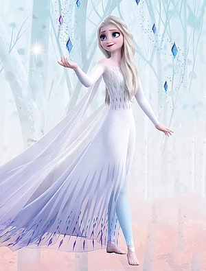 Elsa from Frozen in a flowing white gown with icy blue accents in a frost-covered forest HD phone wallpaper
