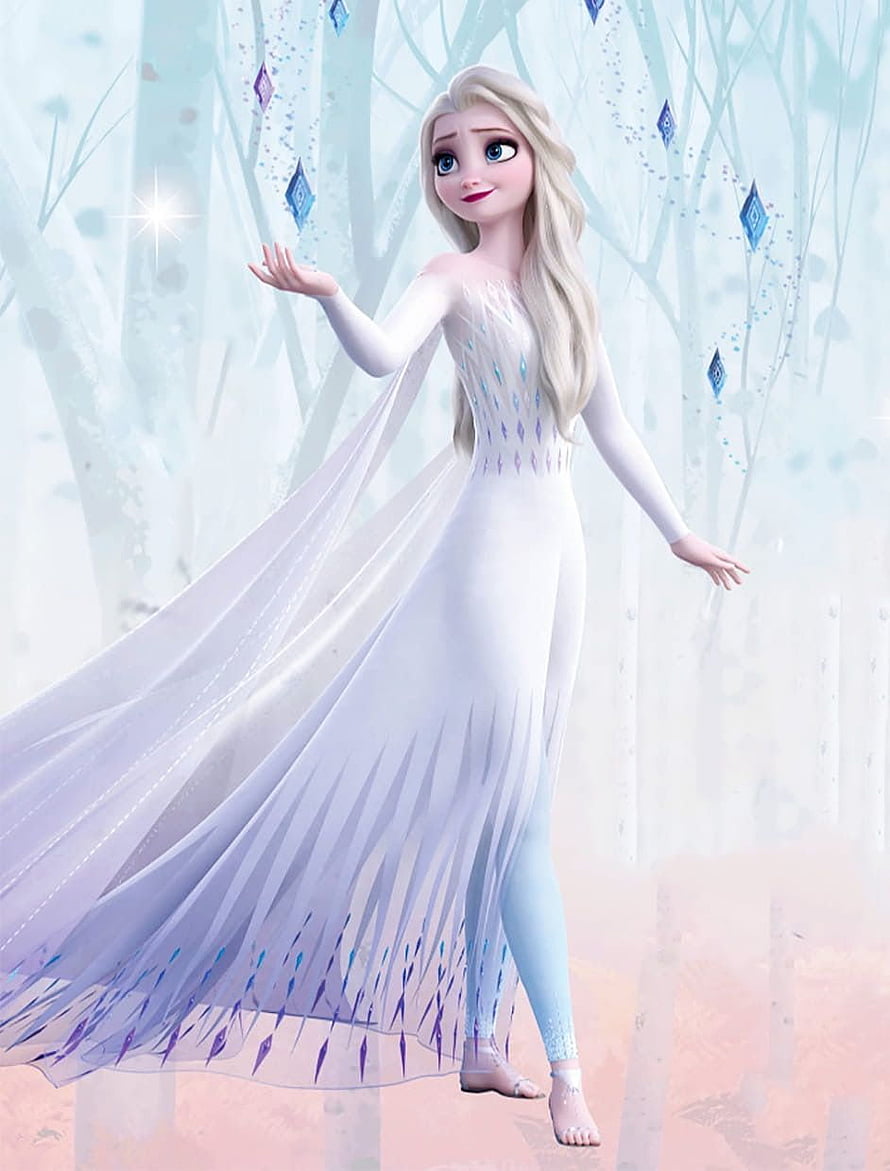 Elsa from Frozen in a flowing white gown with icy blue accents in a frost-covered forest HD phone wallpaper