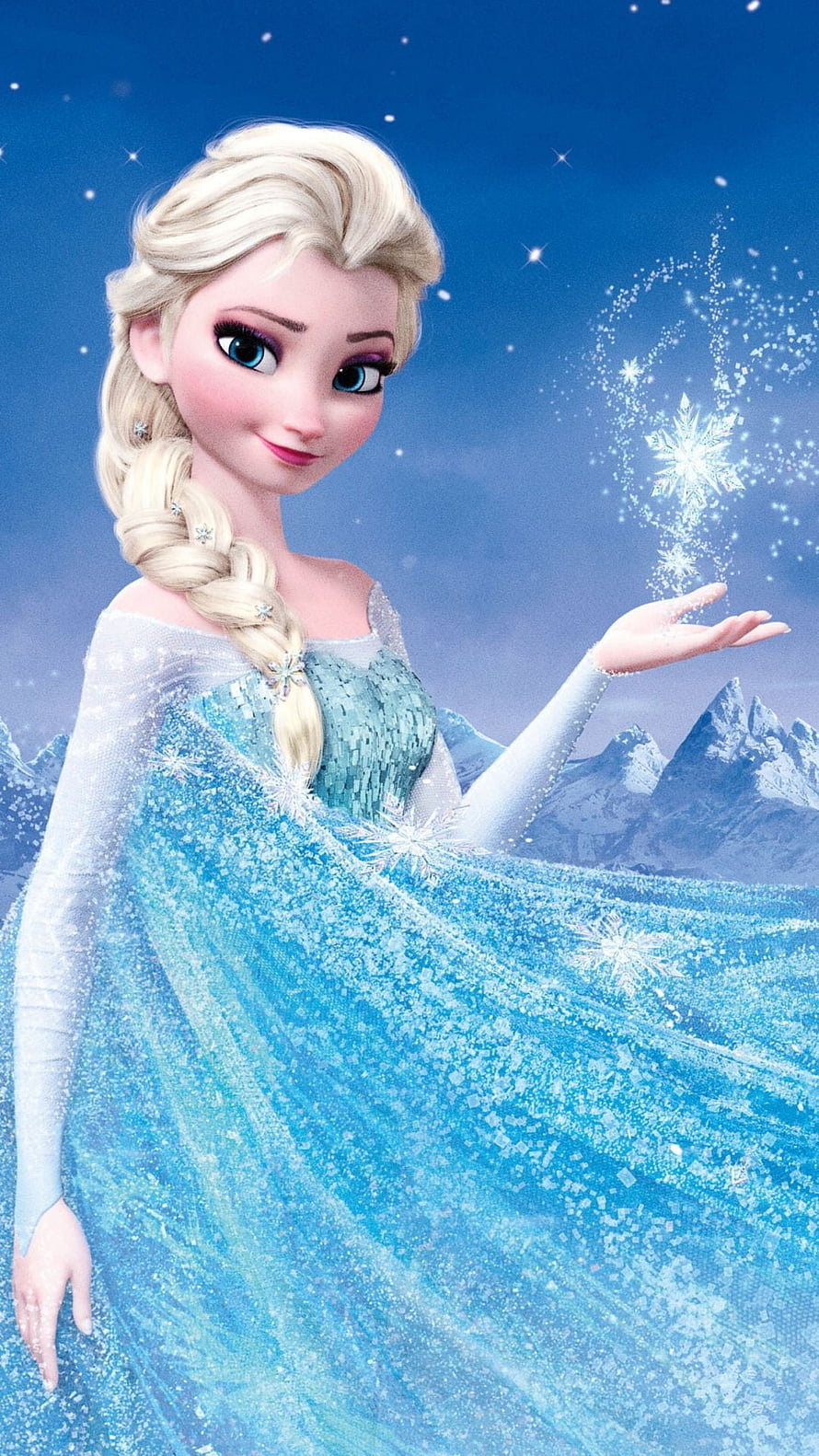 Elsa from Frozen in her shimmering ice gown conjuring snowflakes against a starry night sky HD phone wallpaper