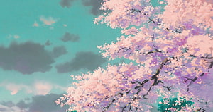 Studio Ghibli Style Cherry Blossom Tree Against a Turquoise Sky HD wallpaper