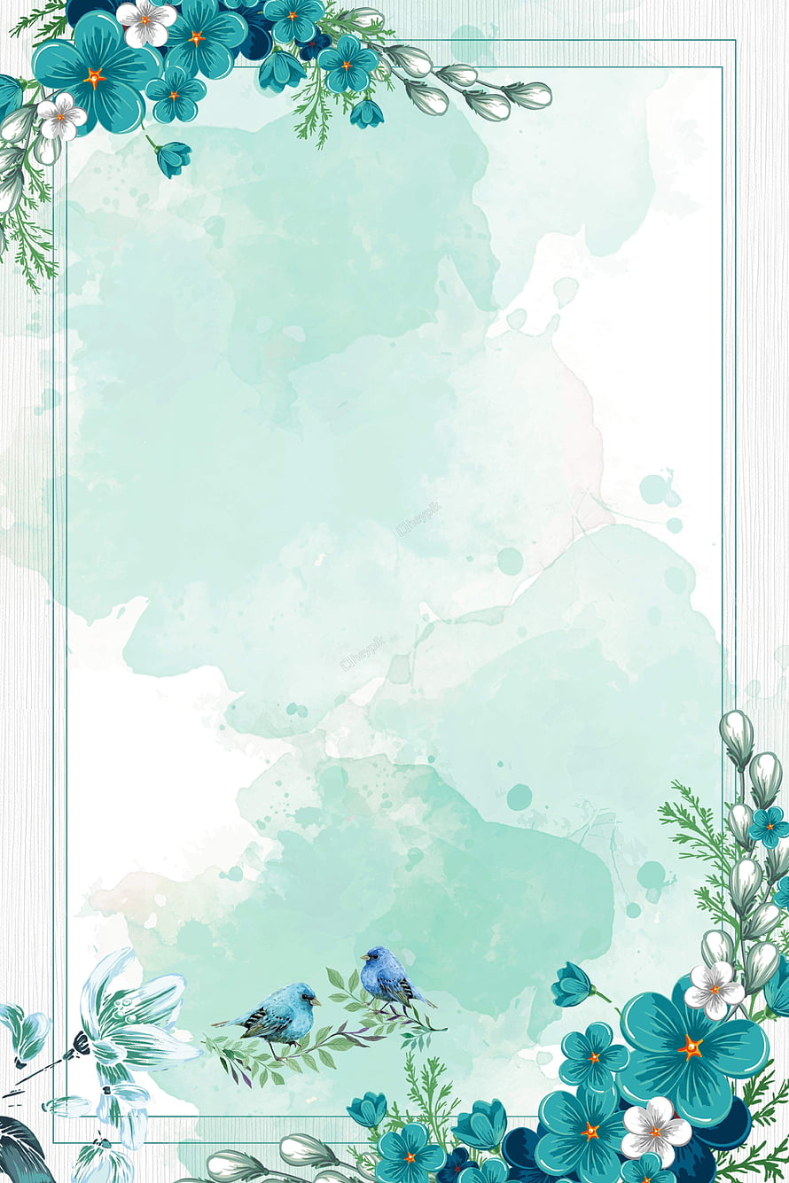 Watercolor Floral Border with Blue Birds and Teal Blossoms on a Soft Mint Background HD phone wallpaper