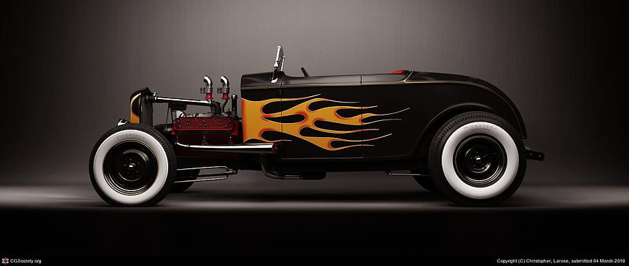 1932 Ford Roadster Hot Rod with Orange Flame Paint and White Wall Tires HD wallpaper