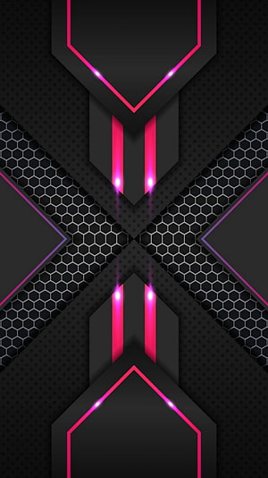 Symmetrical Neon Pink Geometric Pattern on Dark Hexagonal Mesh Background HD phone wallpaper