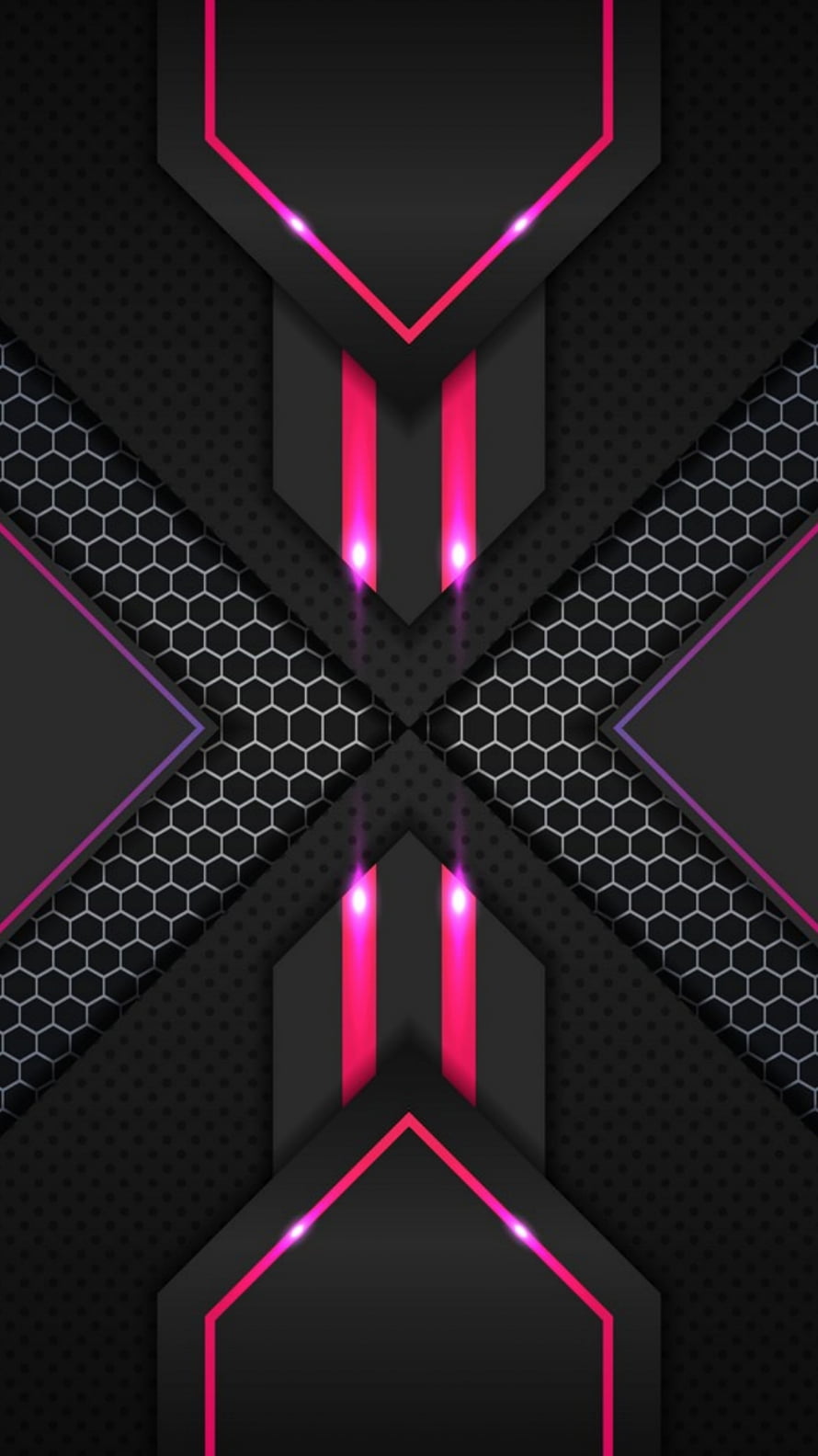 Symmetrical Neon Pink Geometric Pattern on Dark Hexagonal Mesh Background HD phone wallpaper