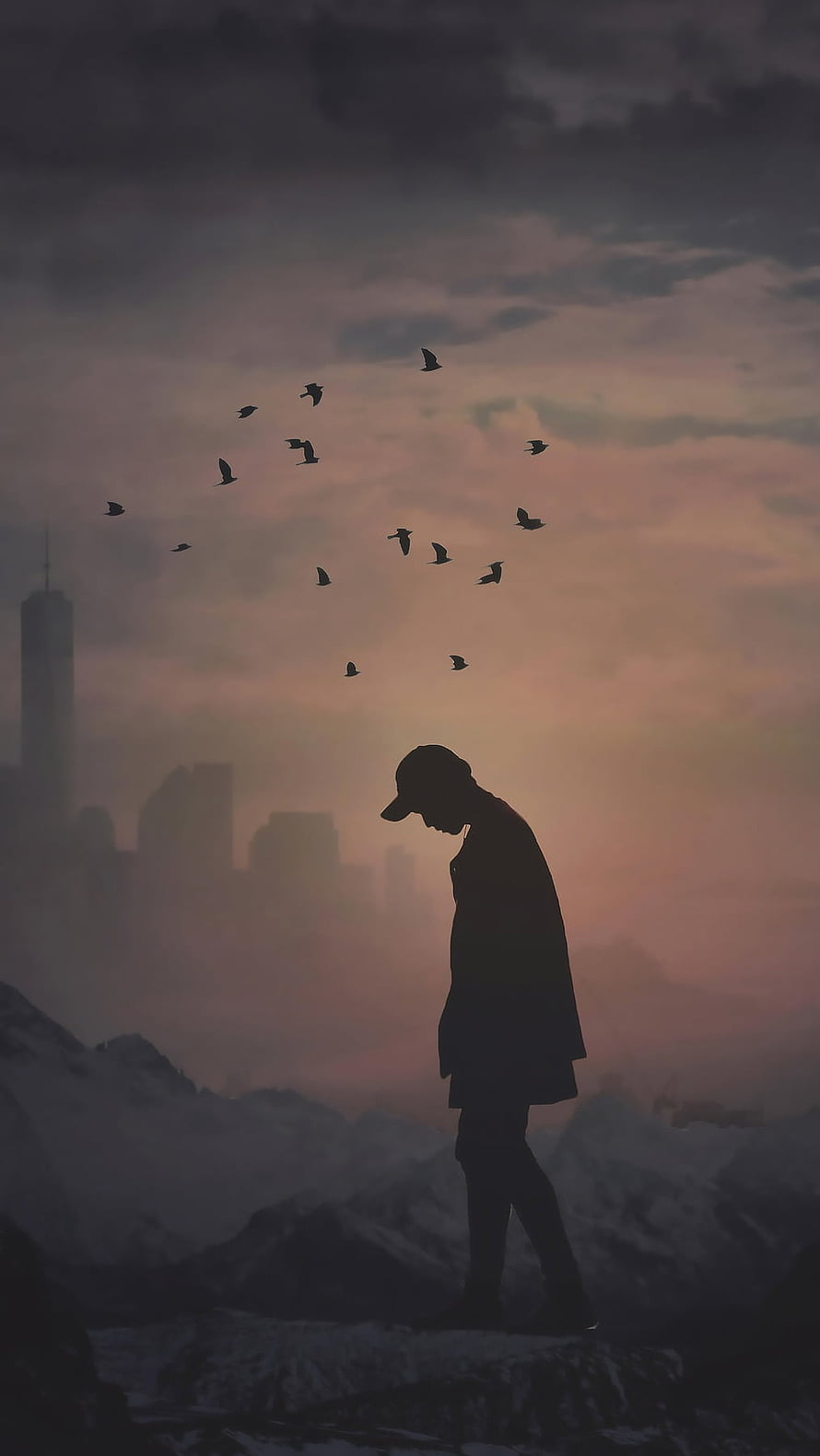 Melancholic Silhouette of a Man Walking with Birds Flying Over a Misty City Skyline at Dusk HD phone wallpaper