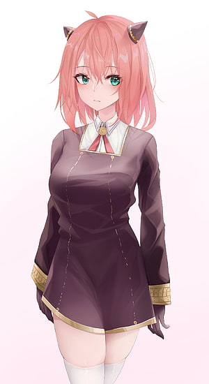 Anya Forger in a Dark Purple Dress with Cat Ears and White Thigh Highs HD phone wallpaper