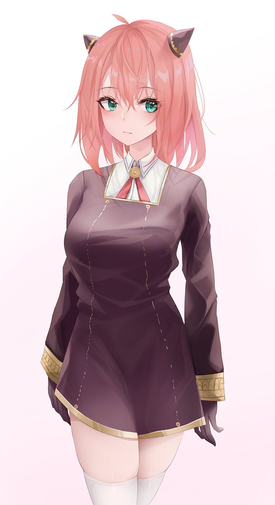 Anya Forger in a Dark Purple Dress with Cat Ears and White Thigh Highs HD phone wallpaper