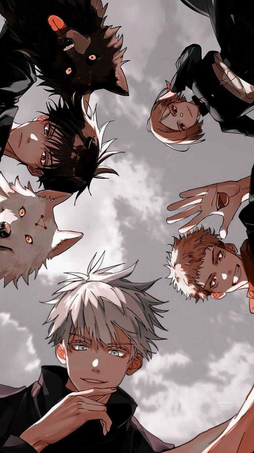 Jujutsu Kaisen Characters Looking Down From Above Against Cloudy Sky HD phone wallpaper