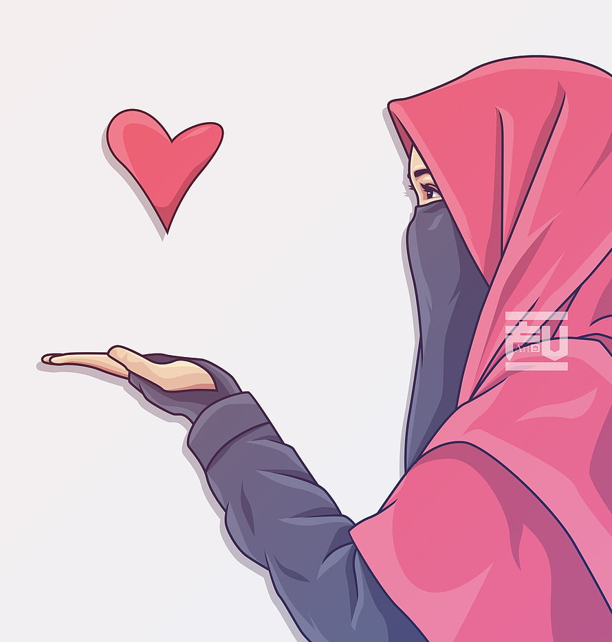 Muslim Woman in Pink Hijab Holding a Heart Digital Illustration HD phone wallpaper