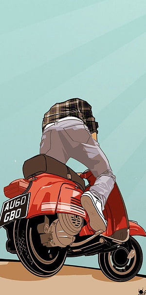 Retro Vespa Scooter Illustration with Plaid-Hooded Rider in Comic Style HD phone wallpaper