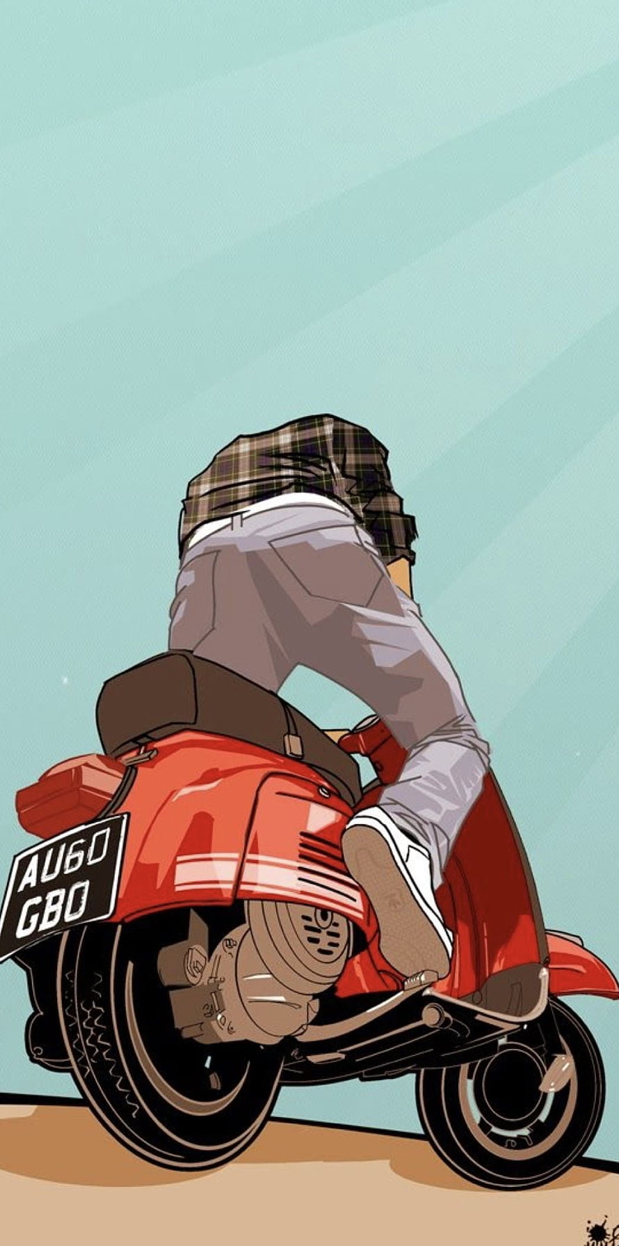 Retro Vespa Scooter Illustration with Plaid-Hooded Rider in Comic Style HD phone wallpaper
