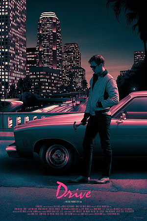 Drive Movie Poster Artwork Featuring Ryan Gosling and Classic Car in Neon Cityscape HD phone wallpaper