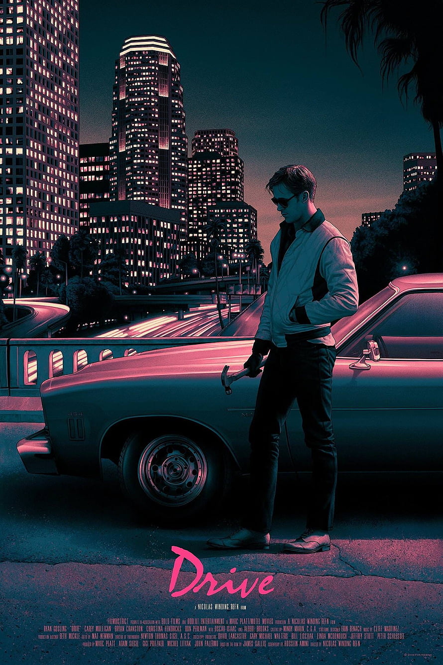 Drive Movie Poster Artwork Featuring Ryan Gosling and Classic Car in Neon Cityscape HD phone wallpaper