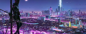 Cyber Ninja Boy Overlooking Neon Futuristic Cityscape at Night HD wallpaper