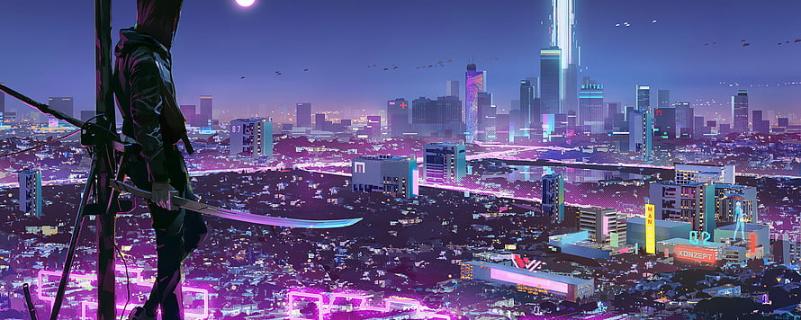 Cyber Ninja Boy Overlooking Neon Futuristic Cityscape at Night HD wallpaper