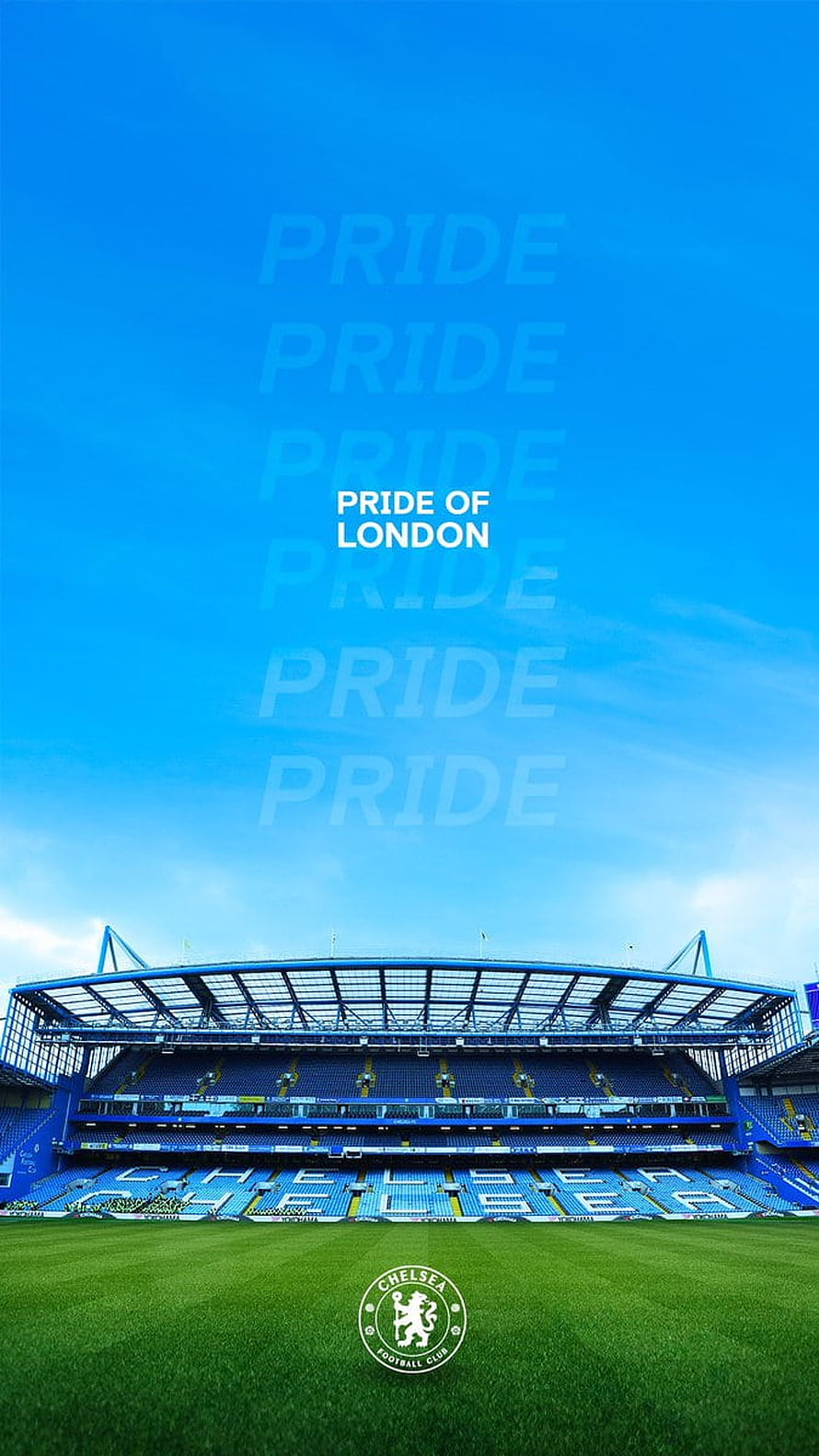 Chelsea Football Club Stadium with Pride of London Text and Blue Sky HD phone wallpaper