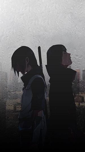 Sasuke and Itachi Uchiha Silhouettes in Rainy Cityscape HD phone wallpaper
