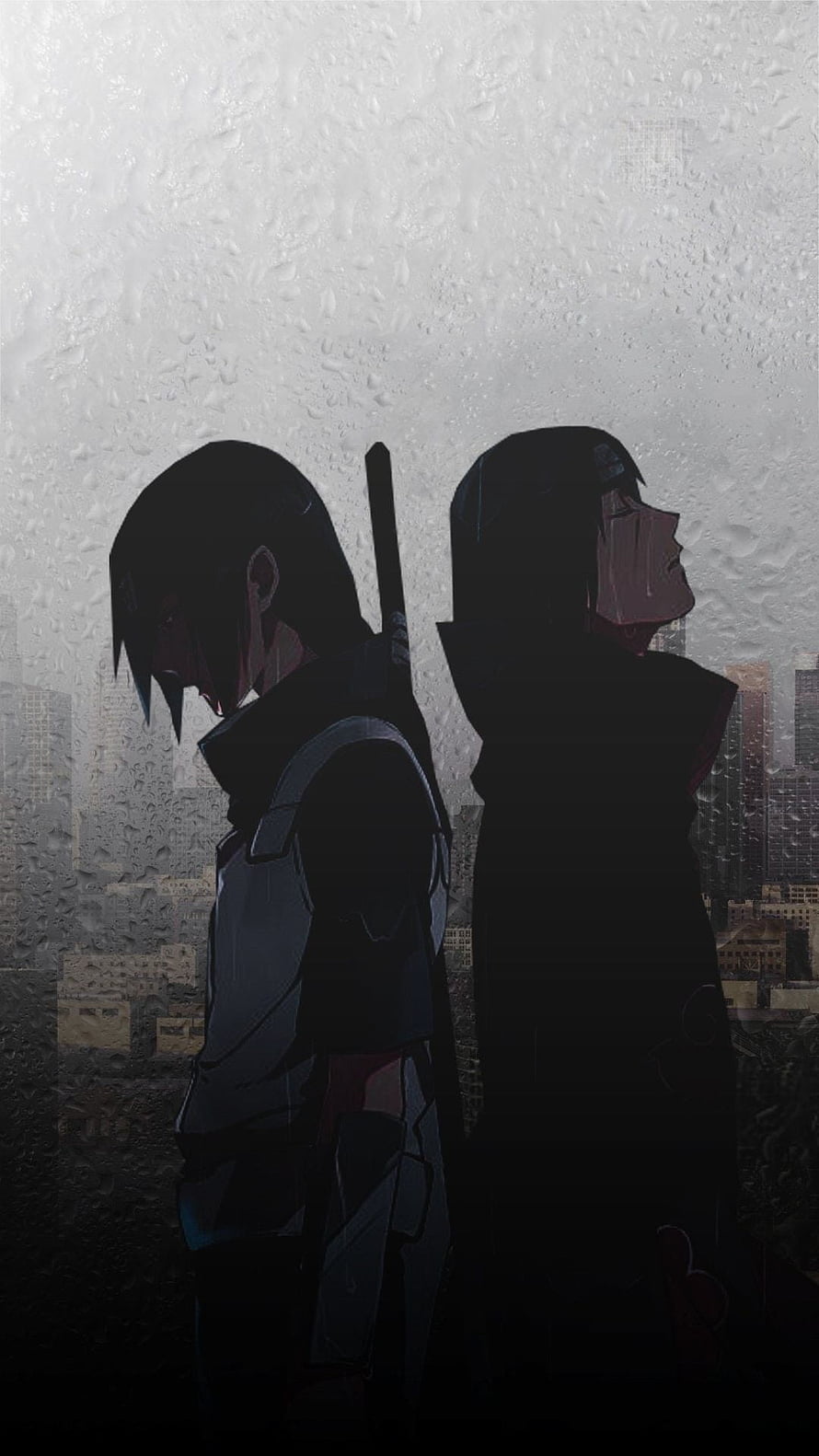 Sasuke and Itachi Uchiha Silhouettes in Rainy Cityscape HD phone wallpaper