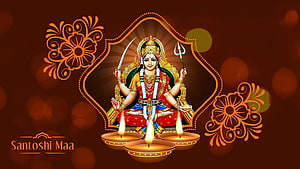 Santoshi Maa Devotional Artwork With Oil Lamps And Ornamental Floral Patterns HD wallpaper
