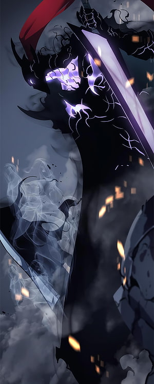 Solo Leveling Arise Dark Warrior with Glowing Purple Energy and Red Cape HD phone wallpaper