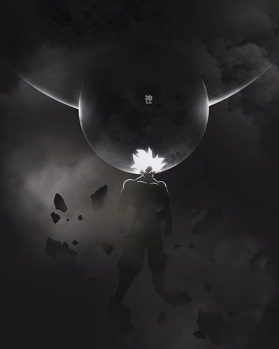 Goku Ultra Instinct Silhouette Standing Before a Dark Planet in Monochrome Space HD phone wallpaper