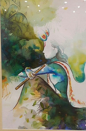 Watercolor Illustration of Lord Krishna Playing the Flute in a Lush Green Forest HD phone wallpaper