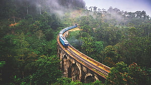 Blue Train Crossing a Historic Stone Viaduct in the Misty Hills of Kandy, Sri Lanka HD wallpaper