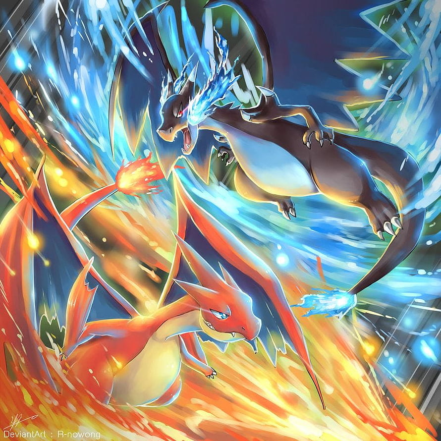 Mega Charizard X and Y Confrontation in Dynamic Fire and Ice Battle HD phone wallpaper